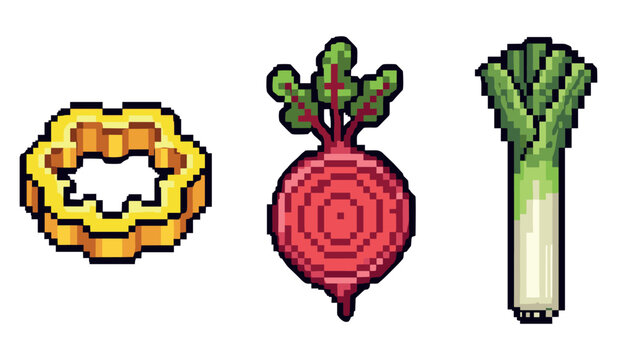 Pixel art vegetables: bell pepper, beet, leek icons