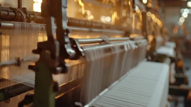 Close-up of a vintage weaving machine in a textile factory, illuminated by warm light.