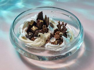 Chocolate Pieces and Cream in Glass Bowl Under Pink Water Waves