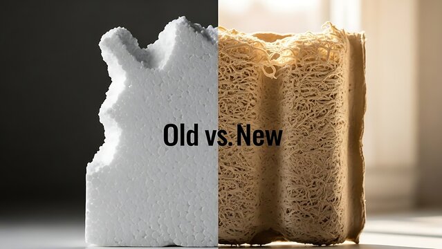Comparison of old polystyrene foam packaging versus new natural fiber biodegradable material