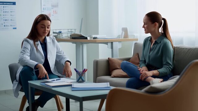 Medical professional in a white coat consulting with a smiling female patient on a sofa, discussing mental well being and providing therapy in a modern office setting