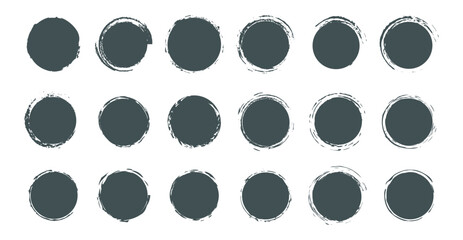 Hand Drawn Grunge Sun Symbols and Ink Dots. Vector Collection of Rough Circle Stamps, Black Brush Strokes, and Japanese Calligraphy Shapes on White.