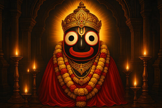 Jagannath the Hindu god of the universe with garlands and a red cloak in a dark temple