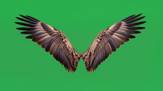Large brown eagle bird wings flapping continuously in a seamless loop. Isolated on a green screen for special effects.