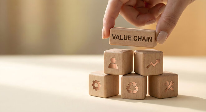 Hand placing 'Value Chain' block on stacked cubes, business concept, soft focus background