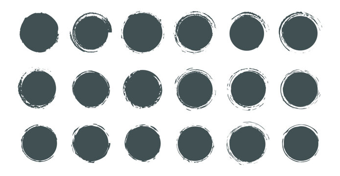 Hand Drawn Grunge Sun Symbols and Ink Dots. Vector Collection of Rough Circle Stamps, Black Brush Strokes, and Japanese Calligraphy Shapes on White.