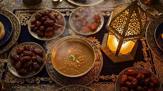 A vibrant ramadan iftar dinner table setting with dates, soup, and a lit lantern. Islamic holiday feast.