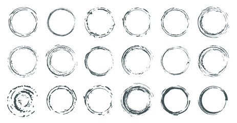 Hand Drawn Grunge Circle Frames. Vector Ink Brush Strokes, Distressed Round Borders, and Abstract Paint Smears.