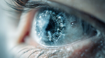 Extreme close-up of human eye with digital reflection and light details, vision technology, biometric concept, and futuristic human interface