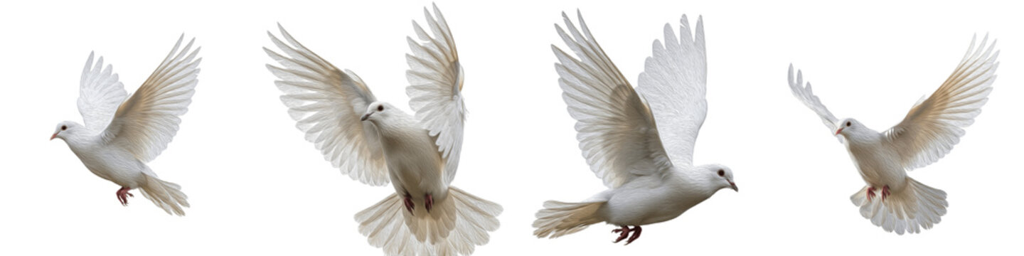 White Pigeon Dove Set Isolated on White Background, Flying Peace Bird Poses, Transparent PNG Avian Wildlife Clipart Collection