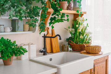 Bright kitchen corner with white sink surrounded by fresh greenery and wooden shelves. Woven basket holds vegetables, while jars and plants enhance inviting atmosphere of home interior, domestic life
