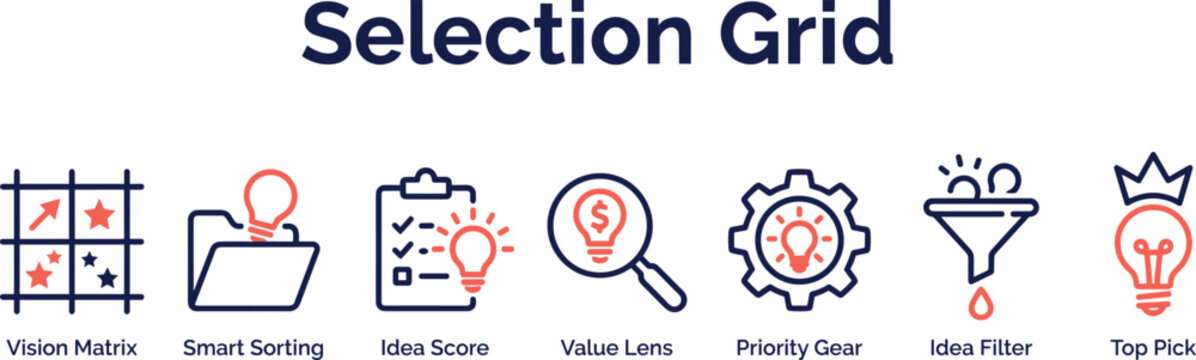 Selection Grid Concept Illustration for Idea Evaluation, Prioritization, and Strategic Decision Making Supporting Innovation Management, Business Planning, and Creative Problem Solving Framework 