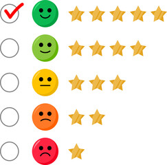 Customer satisfaction scale, emotional feedback icons, five-star reviews, service quality assessment, with happy and sad faces, from green to red, business survey results
