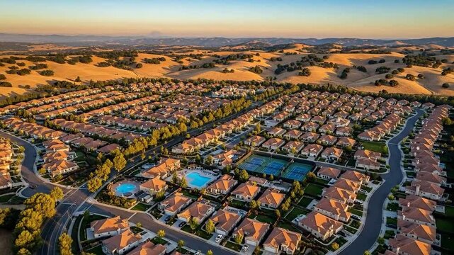 Aerial view of a suburban neighborhood with houses and golden hills during sunset.