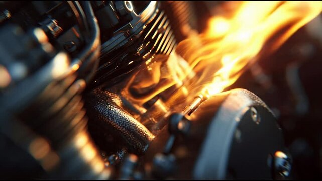 Close-up of burning engine machinery.