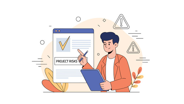 Young adult male analyzing project risks with document and checklist