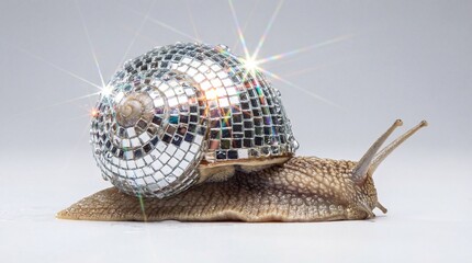Surreal garden snail with a disco ball shell concept