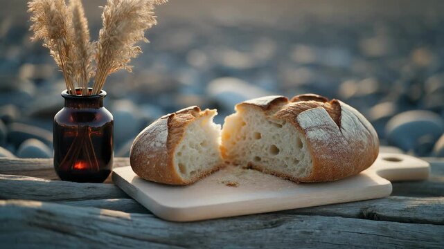 Rustic loaf of freshly baked sourdough bread on a wooden board outdoors. Tranquil still life composition with pampas grass in a vase during a beautiful golden hour sunset