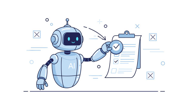 Friendly ai robot analyzing checklist with magnifying glass, digital technology