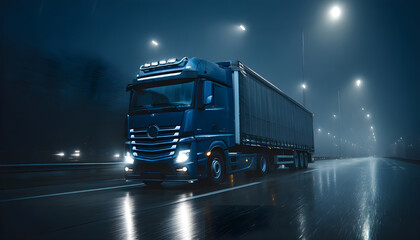 Fototapeta premium Blue Long Haul Semi-Truck with Cargo Trailer Full of Goods Travels At Night on the Freeway Road, Driving Across Continent Through Rain, Fog, Snow. Industrial Warehouses Area. Front Following Shot