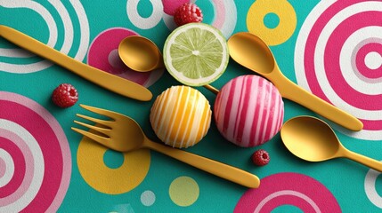 Colorful Modern Table Setting with Benches on Vibrant Geometric Background