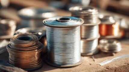 Mixed metal wire spools on wooden surface in warm light