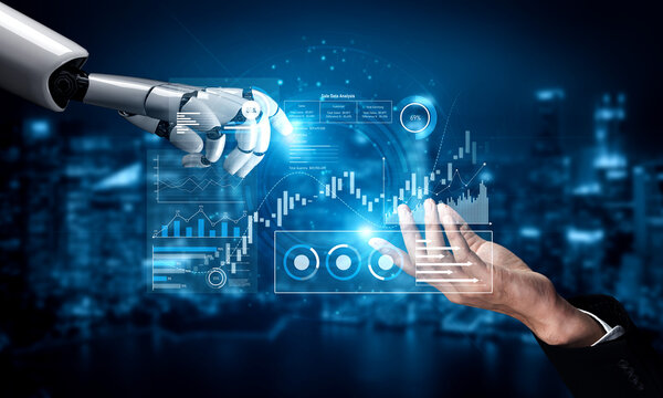 AI analyzing sales data dashboard, visualizing performance metrics, detecting trends, and generating insights to improve financial outcomes and strategic planning. Vouch