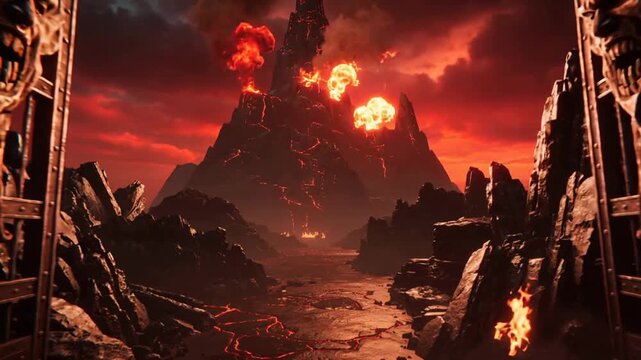 Demonic iron gates opening to reveal erupting volcano in hellish landscape. Forward camera movement through portal.