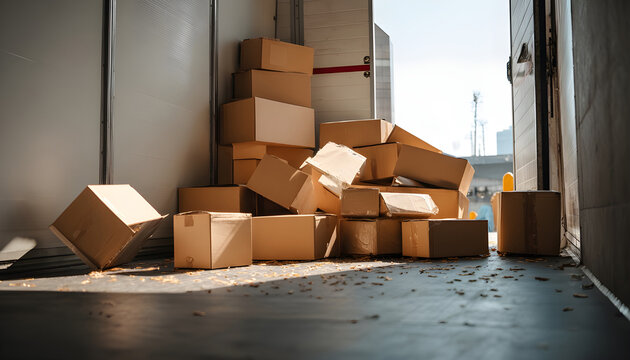 The delivery truck door opens and packages fell out. Box pile left on the floor