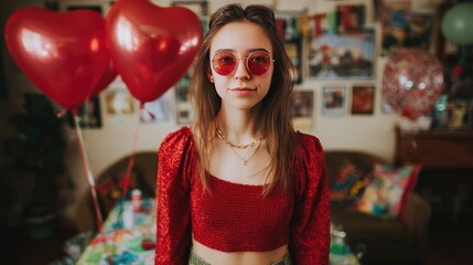 Trendy Young Woman in Stylish Red Outfit with Heart Balloons and Sunglasses Indoors