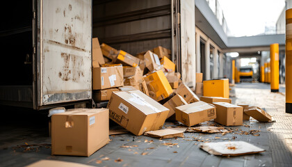 The delivery truck door opens and packages fell out. Box pile left on the floor