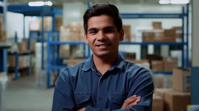 Young man wearing a denim shirt, smiling and standing with crossed arms in a fulfillment center, surrounded by shelves stocked with cardboard boxes and merchandise
