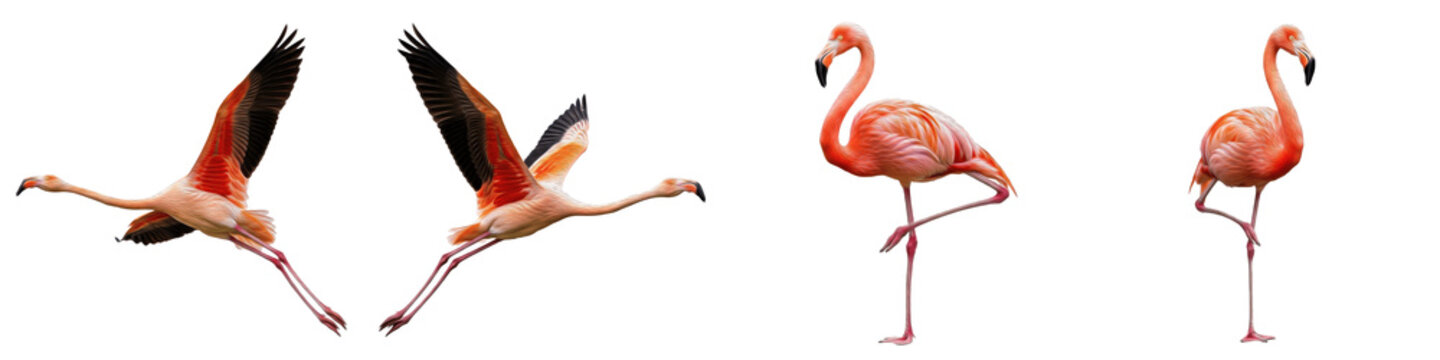 American Flamingo Set Isolated on White Background, Phoenicopterus Ruber in Flight and Standing on One Leg Poses, Pink Tropical Bird Transparent PNG Clipart Pack