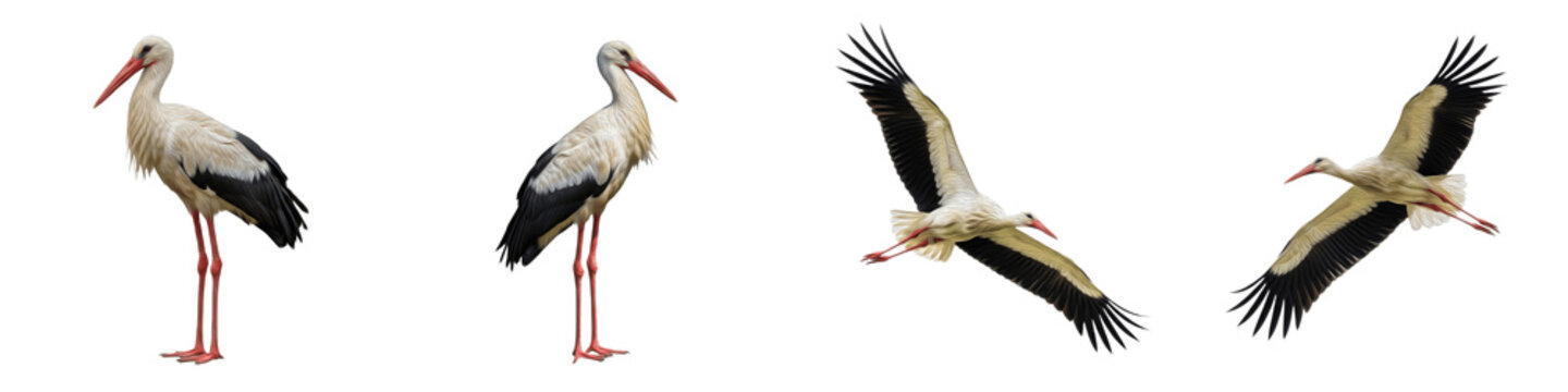 White Stork Set Isolated on White Background, Ciconia Ciconia in Flight and Standing Poses, Large Migratory Bird, Transparent PNG Wetland Wildlife Clipart Collection
