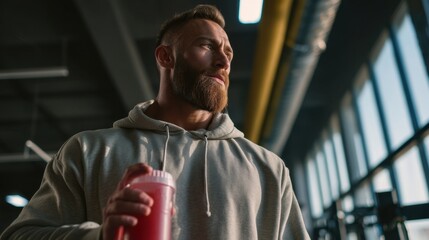 Young caucasian male with beard holding red bottle in gym setting