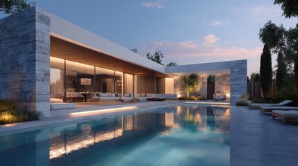 Fototapeta premium Modern luxury villa with pool at sunset, tranquil outdoor living space