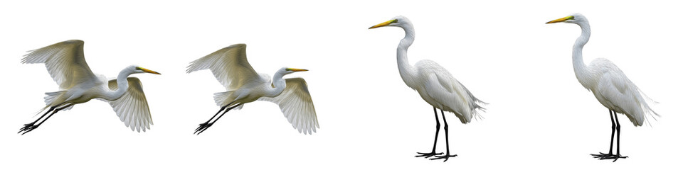 Fototapeta premium Great Egret Bird Set Isolated on White Background, Ardea Alba in Flight and Standing Poses, Large White Heron, Transparent PNG Wetland Wildlife Clipart Collection