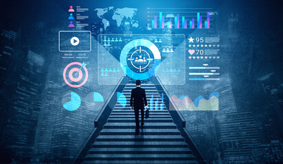 A business professional climbs a staircase towards digital dashboards showcasing vital data and analytics in a modern urban environment, symbolizing growth. Gantry