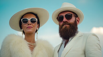 Elegant Couple in Vintage Fashion with Hats and Sunglasses Against Blue Sky