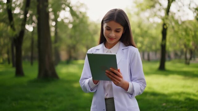 Young female healthcare professional wearing a laboratory coat and using a digital tablet, standing confidently in a green park environment, symbolizing innovation in natural settings