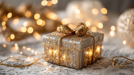 Elegant silver gift box with golden ribbon in warm festive setting