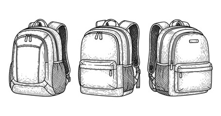 Three hand-drawn school backpacks illustration in monochrome style