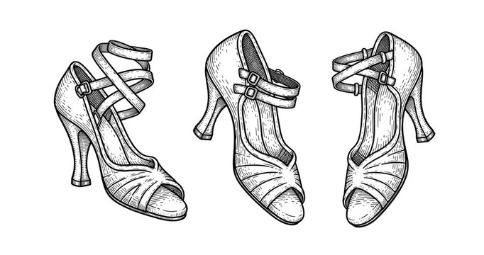 Vintage high heel shoe sketches: trio of classic strappy heels in detailed line art