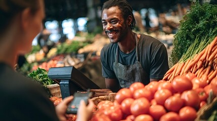 Happy vendor selling fresh produce to customer at market