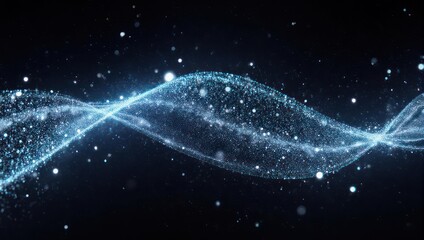 Abstract digital wave of glowing particles on dark background.