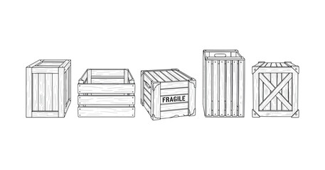 Obraz premium Assorted wooden crates and boxes in detailed line art illustration