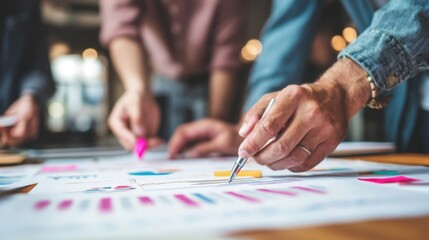 Diverse team analyzing business data and strategy in modern office