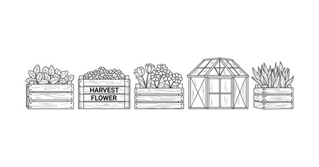 Naklejka premium Line art garden setup with greenhouse and flower crates