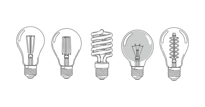 Variety of light bulb designs: classic, led, cfl, and spiral filaments