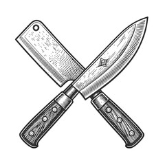 Obraz premium Vintage engraved illustration of crossed kitchen knives and meat cleaver. Hand drawn black and white line art symbol for butcher shop, steakhouse logo, food branding, menu and packaging design.